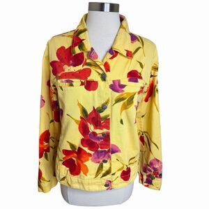Vintage Chicos Floral Denim Jacket 1 Medium Yellow Jean Jacket Art To Wear Boho